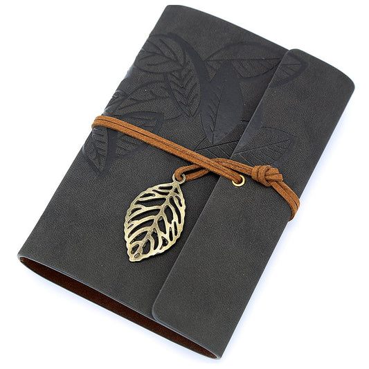 EvZ 7" Vintage Black Leather Journal - Professional B6 Refillable Binder Notebook with Retro Leaf