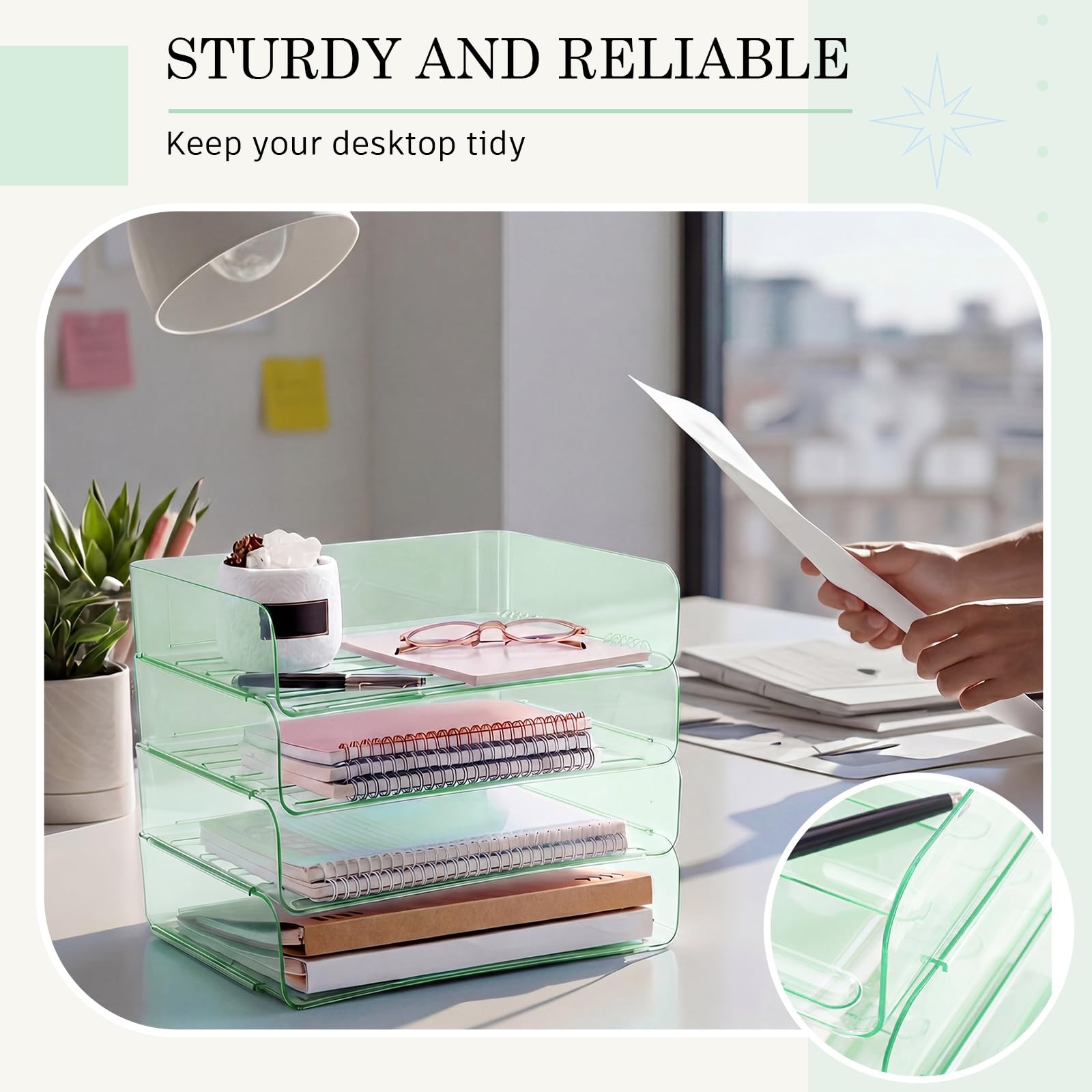Harloon 4 Tier Clear Sage Green Acrylic Paper Organizer Letter Tray, Aesthetic Stackable Desk File