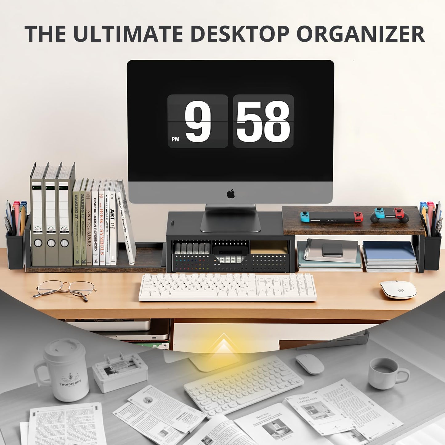 OPNICE Desk Organizers and Accessories, Dual Monitor Stand Riser with Drawer and 2 Pen Holders
