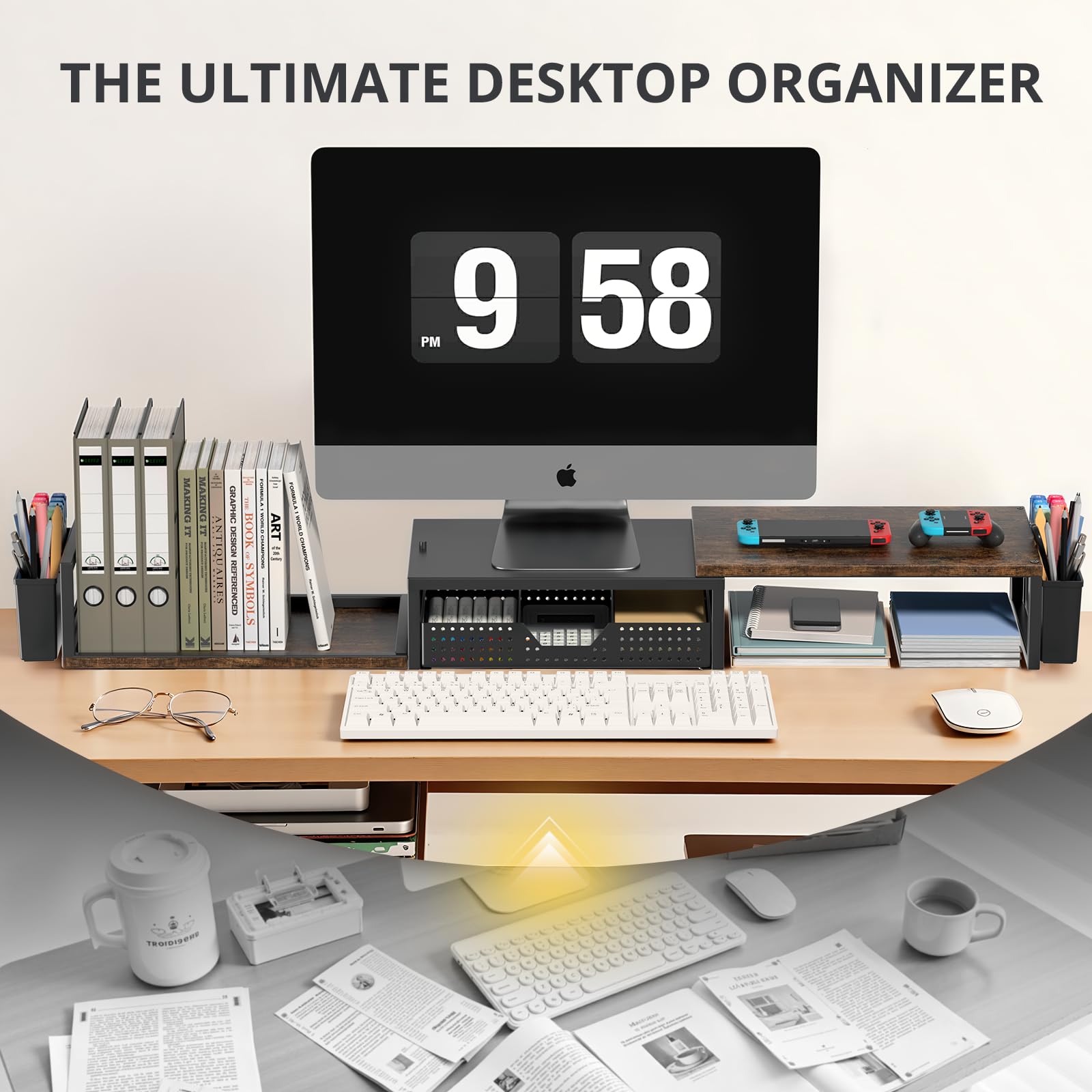 OPNICE Desk Organizers and Accessories, Dual Monitor Stand Riser with Drawer and 2 Pen Holders
