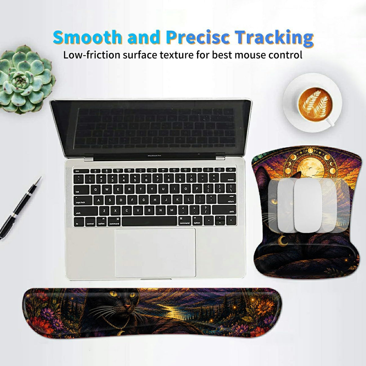 3-in-1 Ergonomic Memory Foam Keyboard Wrist Rest Pad Set, Colored Glass Cat