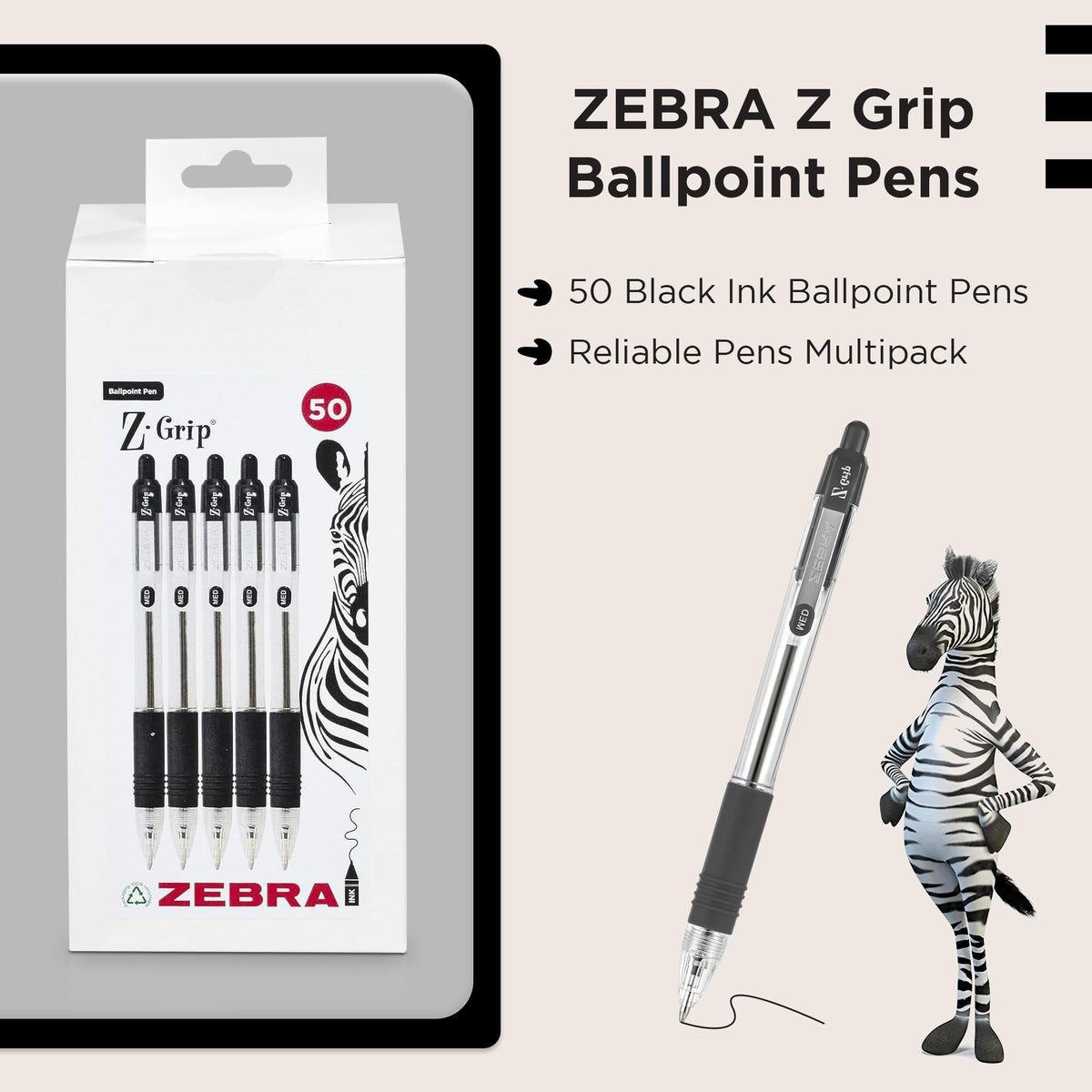 ZEBRA Z GRIP Black Ballpoint Pens, Retractable with smooth ink, comfortable grip and pocket clip