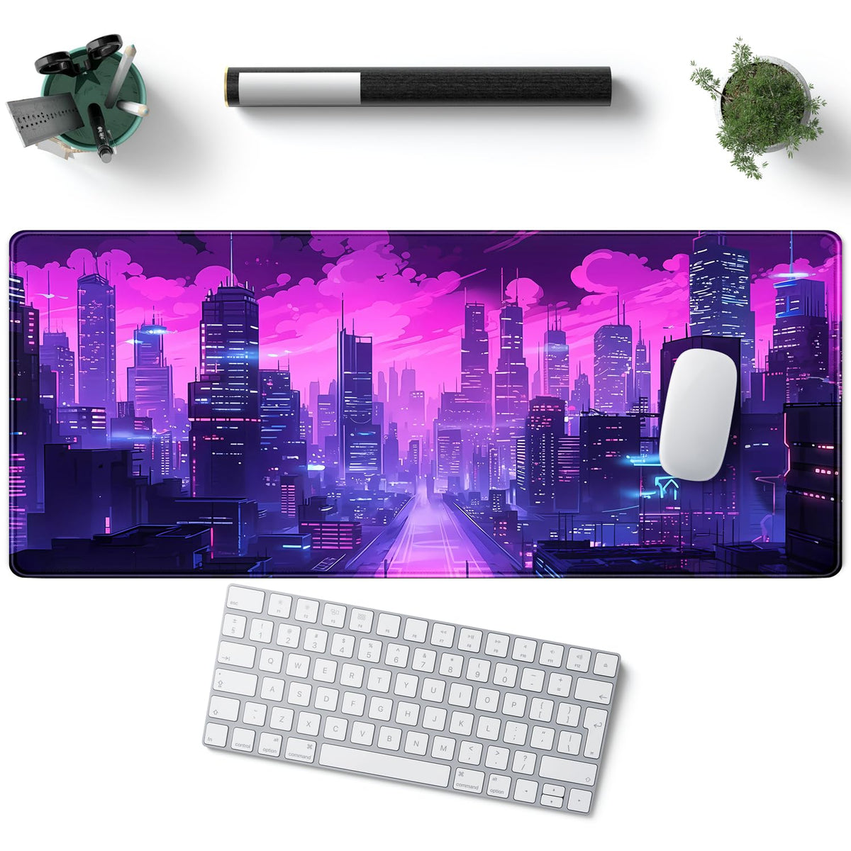 Desk Pad Cyberpunk Purple Desk Mat City Skyline Gaming Extended Mouse Pad Big Office Keyboard Pc