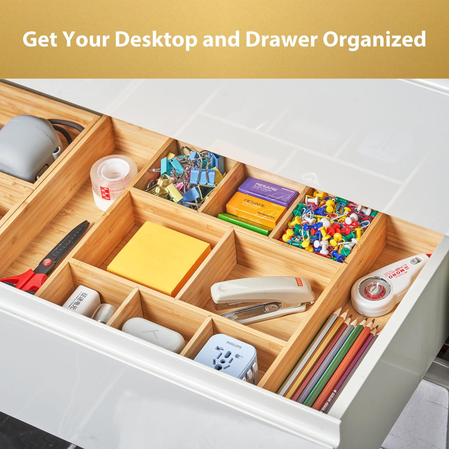 Umilife Extra Large Bamboo Desk Drawer Organizer, Wood Junk Organizer Tray with Adjustable