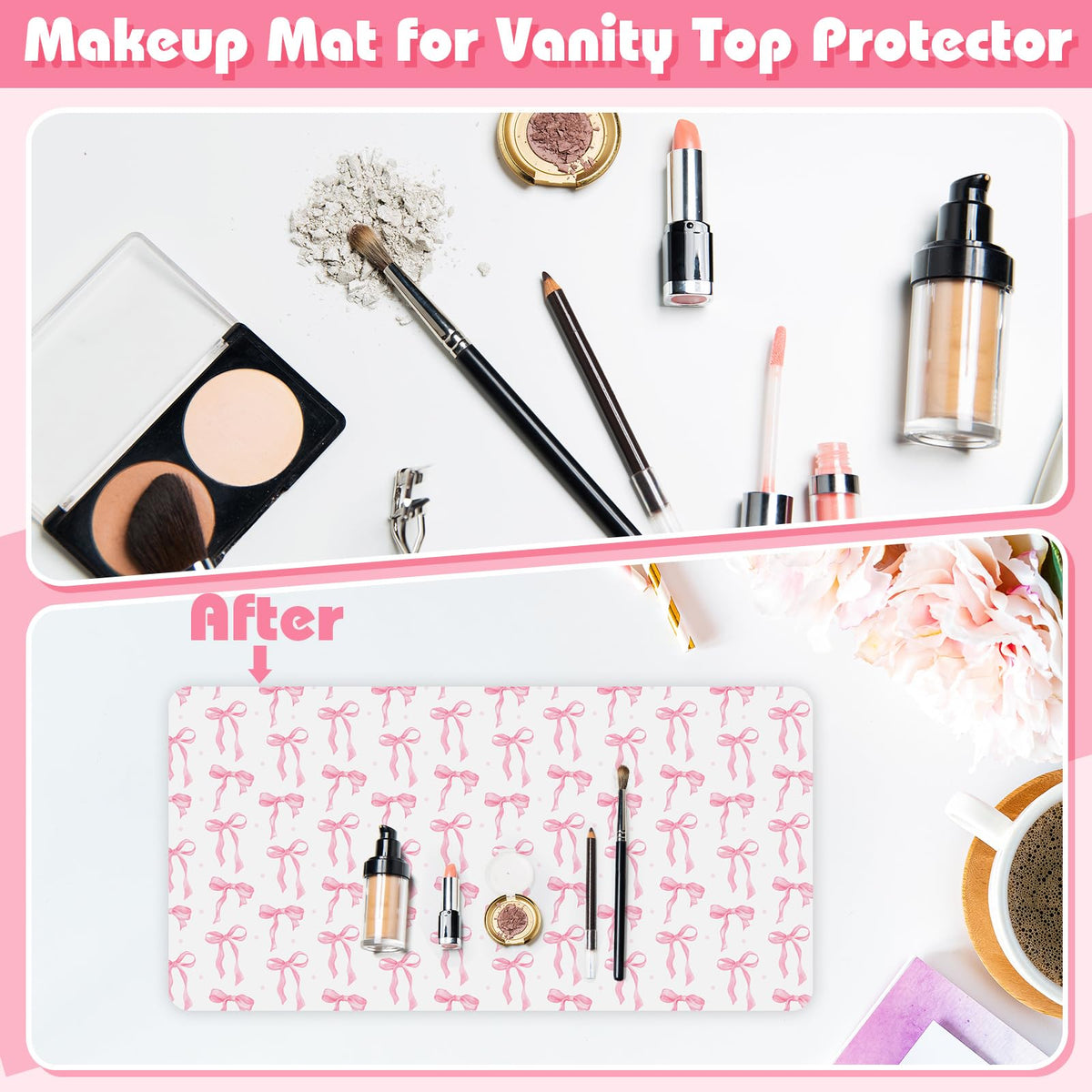 Teenyyou Bow Makeup Vanity Mat Leather Desk Pad, Pink 31.5"X 15.7"