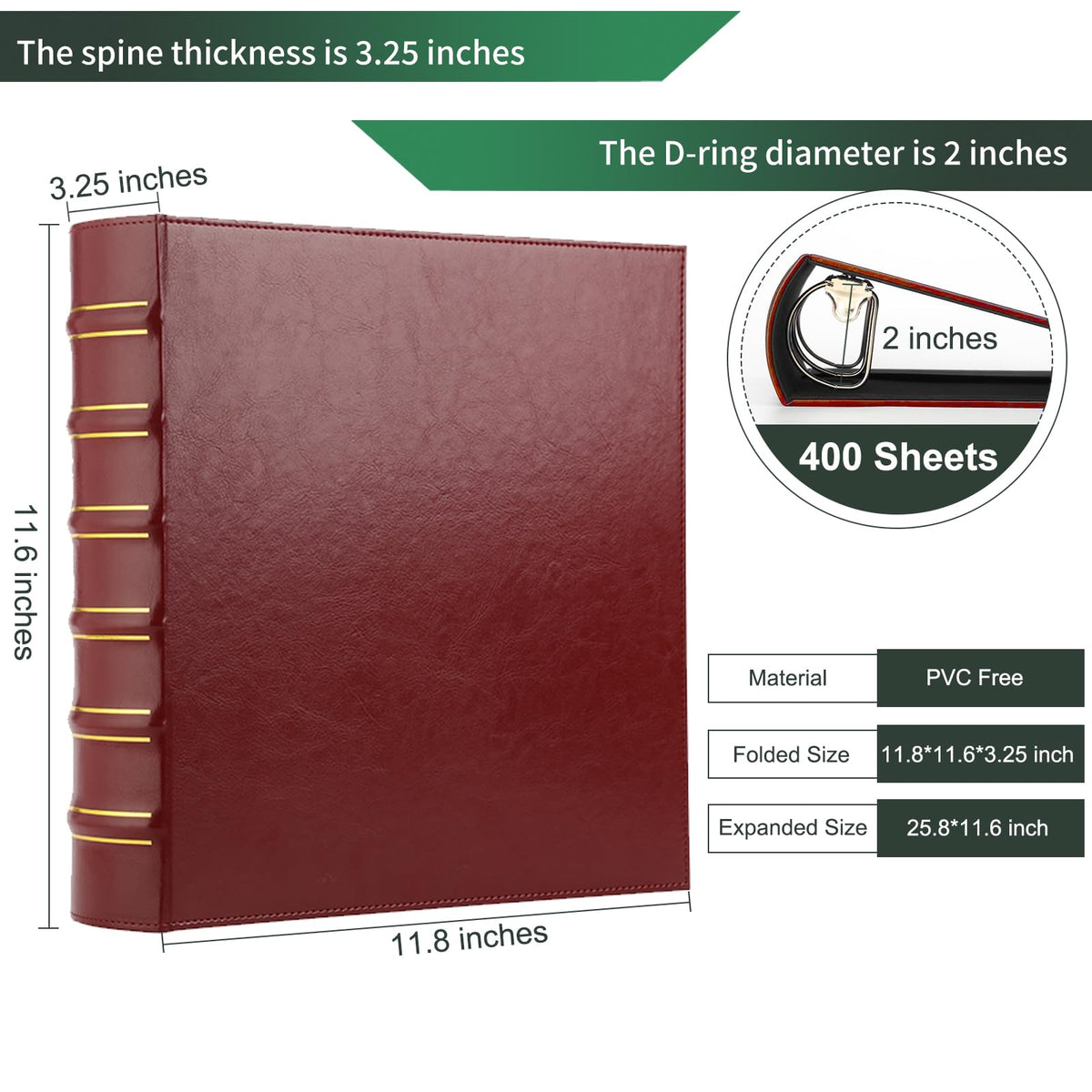 LETVPVOW Vintage Hardback 3 Ring Binder 2 Inch, Professional Leather Binders 2 Inch D Ring, Holds