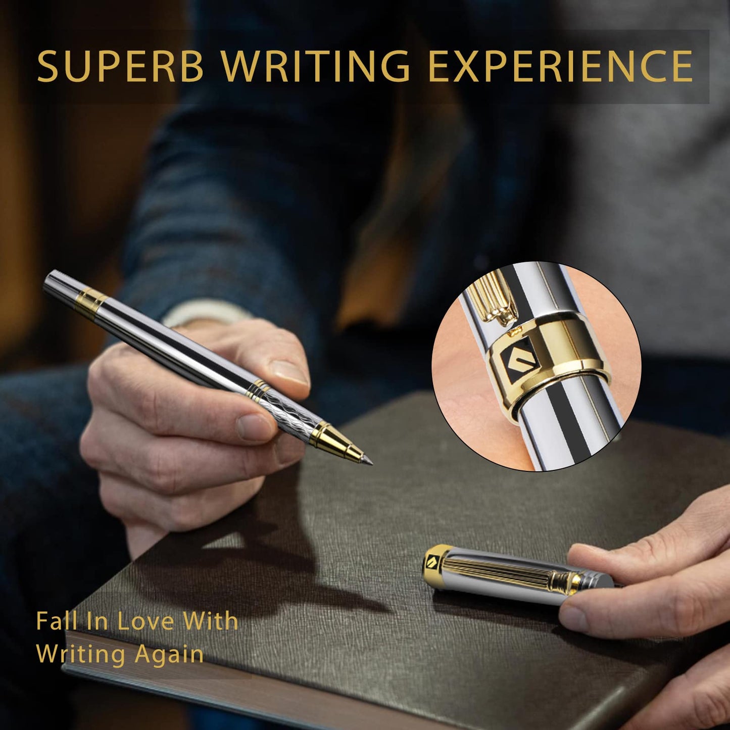 KEYZOR Luxury Writing Rollerball Pen With Schmidt Refill,Metal Pen Of 24k Gold Trim,Fancy Pen Gift