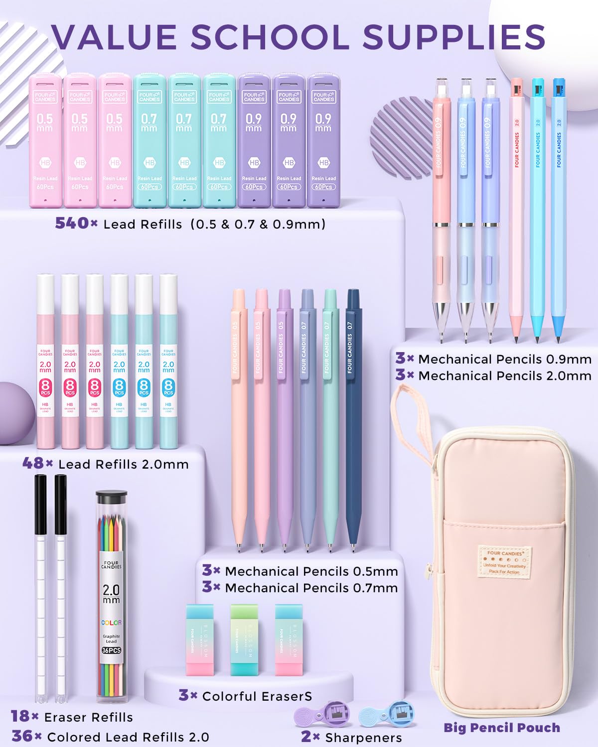 Four Candies 36PCS Mechanical Pencil Set with 624 Lead Refills (Pink)