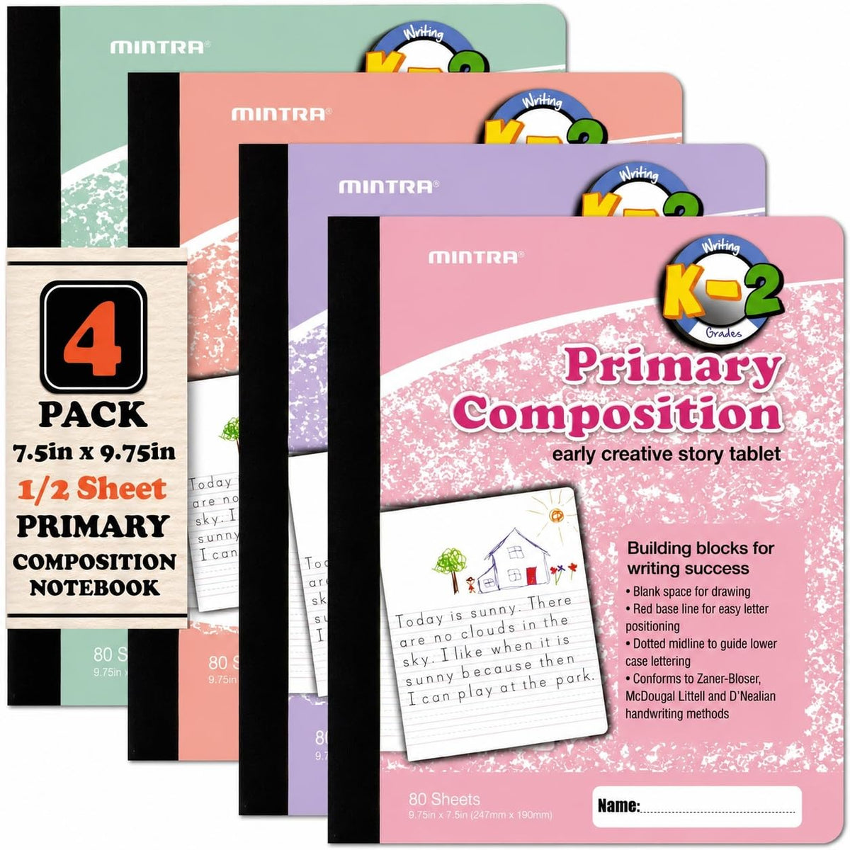 Mintra Office Primary Ruled Composition Books (Primary Ruled - Pastel, 4 Pack) - 1/2 Sheet with