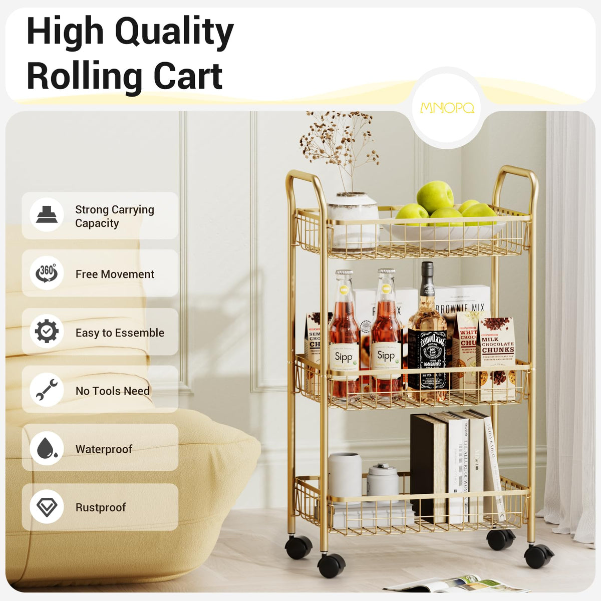 MNOPQ 3 Tier Rolling Utility Cart, Storage Trolley Service Cart with Wheels Easy Assembly for