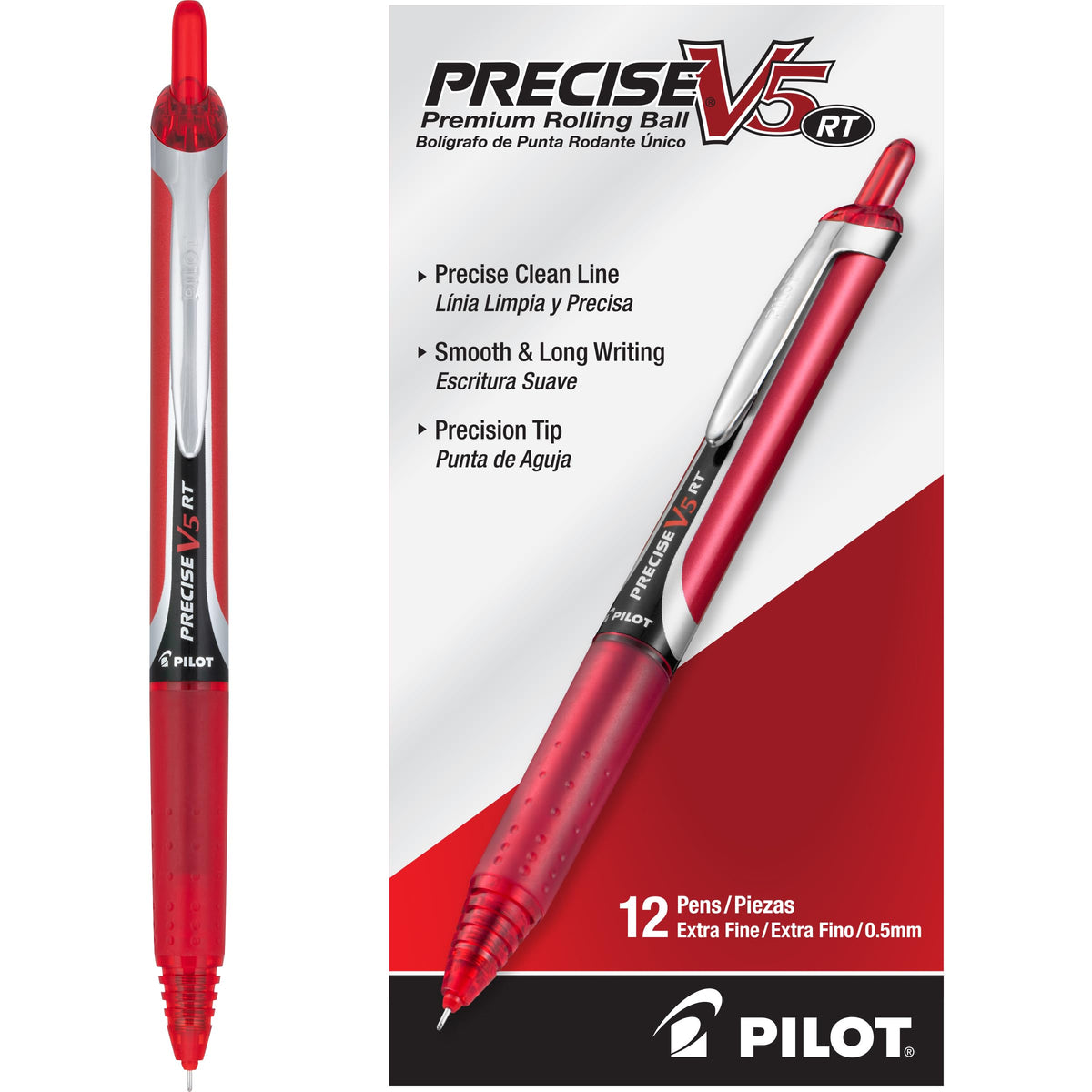 PILOT Precise V5 RT Rollerball Pens, Red, Pack of 12