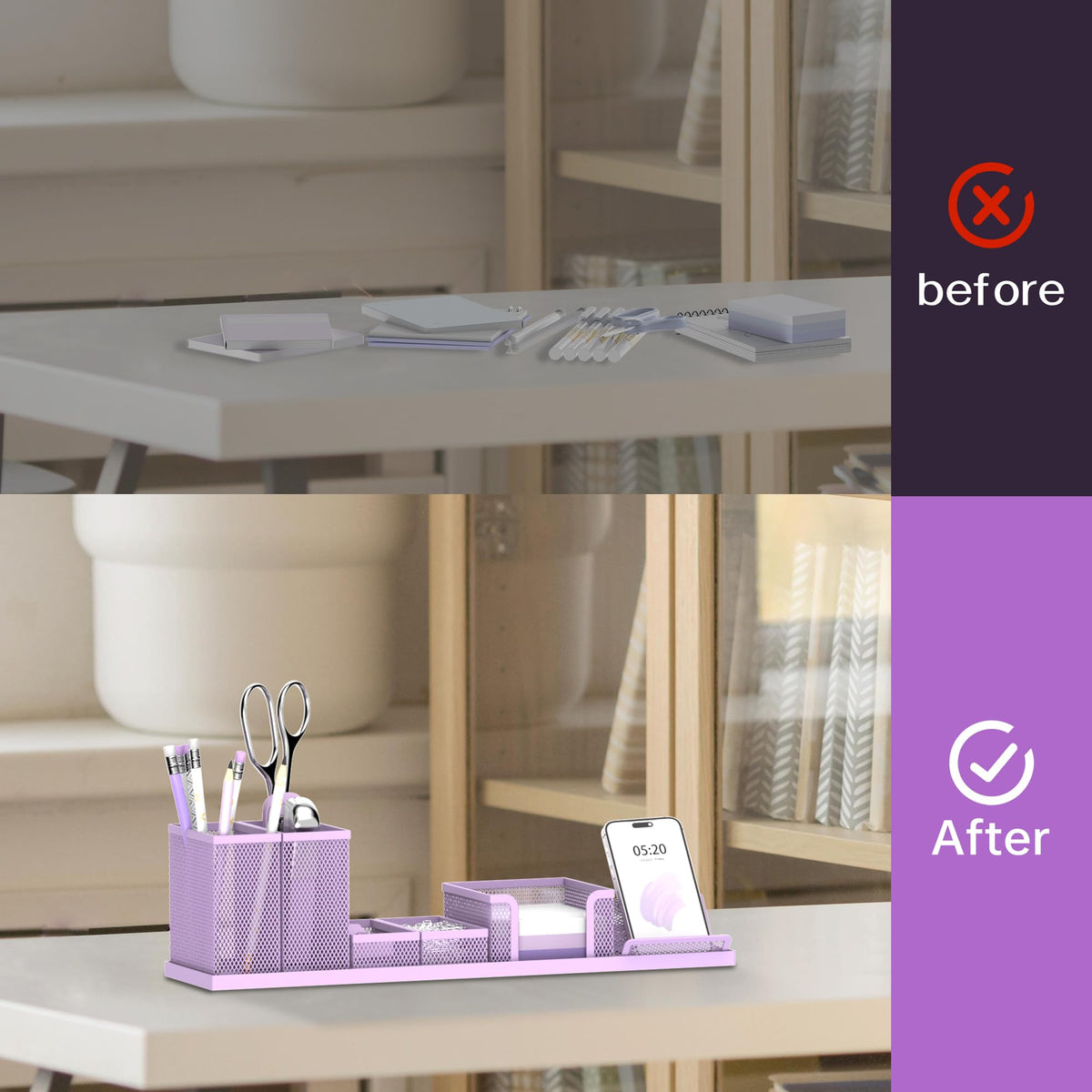 Pen Holder for Desk, 6-Piece Mesh Desk Organizer with Phone Holder, Purple