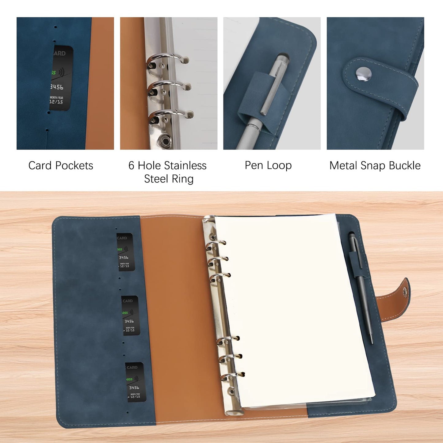 FYY A5 Binder Refillable Planner Notebook 6 Ring, Navy
