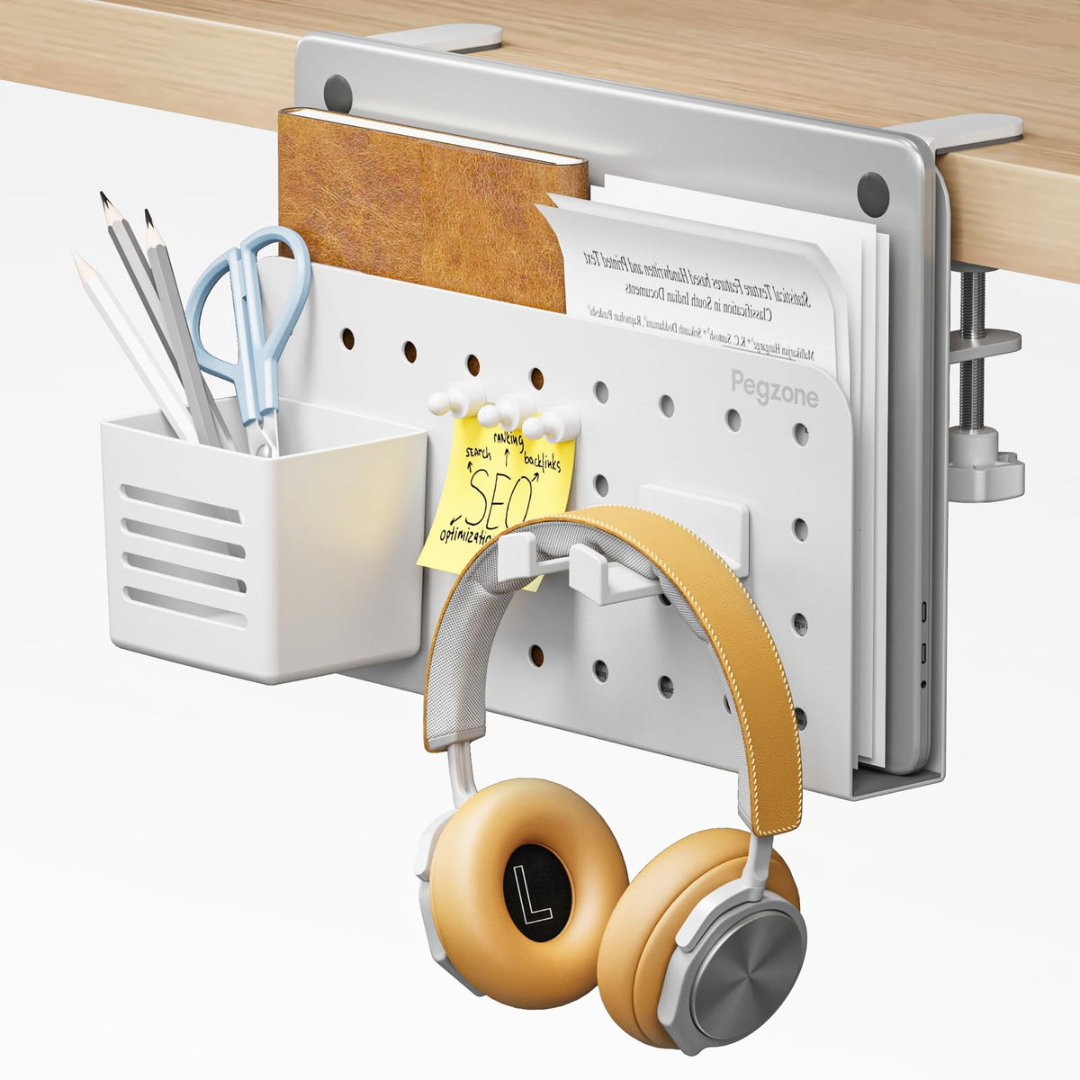 PEGZONE Desk Side Storage Organizer, Fits Flat Edge 0.4" to 2.2", White