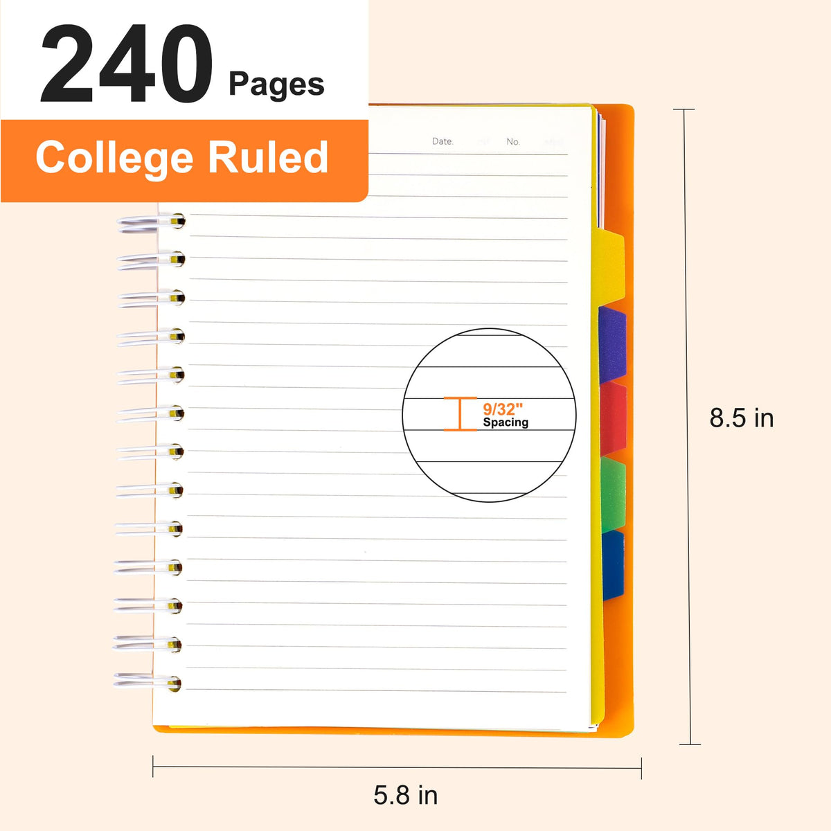 5 Subject Notebook College Ruled Spiral Notebook 5x7 with Removable Divider