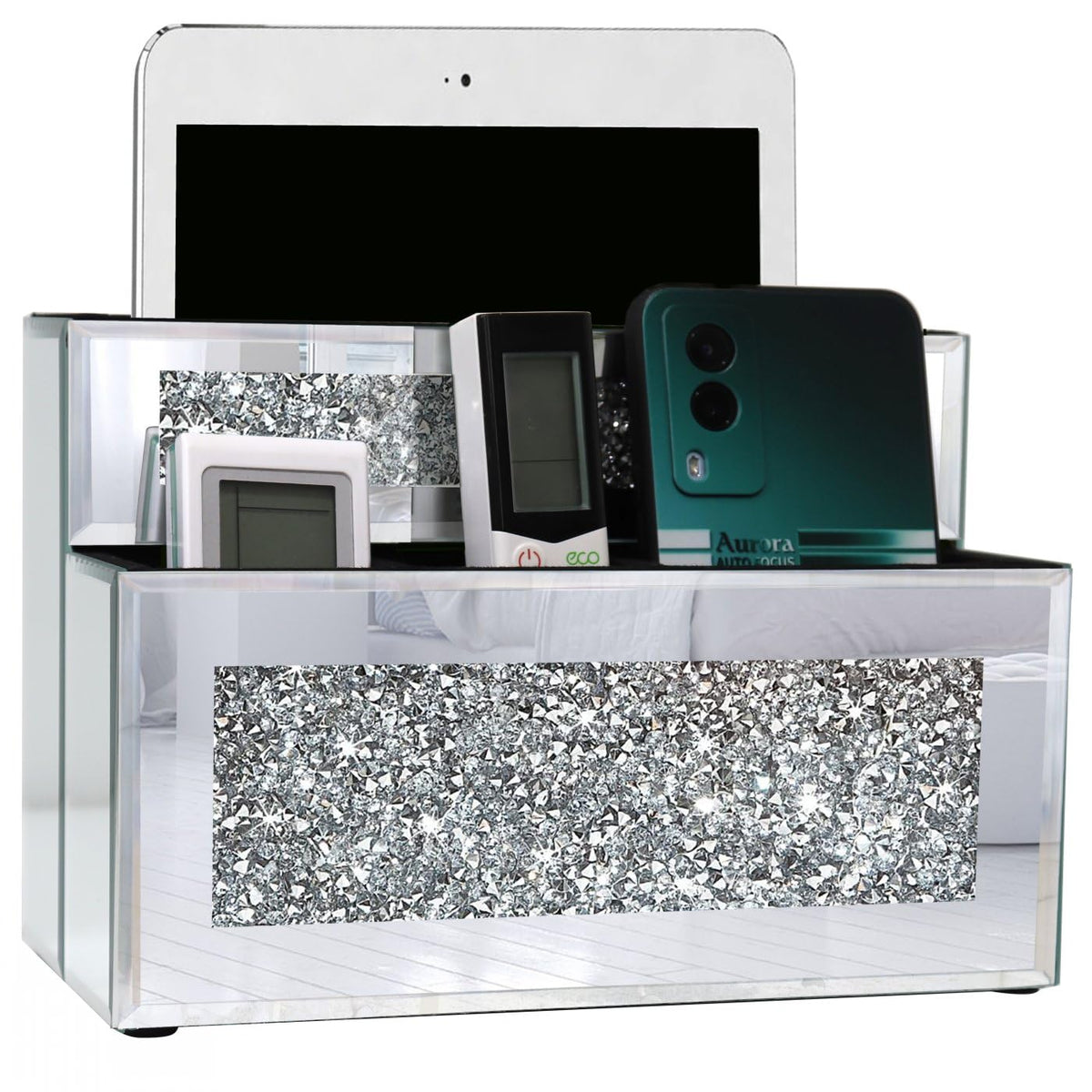 GOTHICO Mirrored Remote Holder, Wall or Tabletop Mounted Crush Diamond Bling Decoration Organizer
