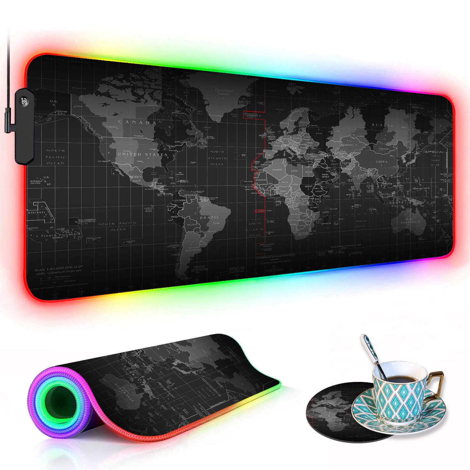 RGB Gaming Mouse Pad with Coffee Coaster, XXL Large Glowing LED Mousepad, Anti-Slip Rubber Base