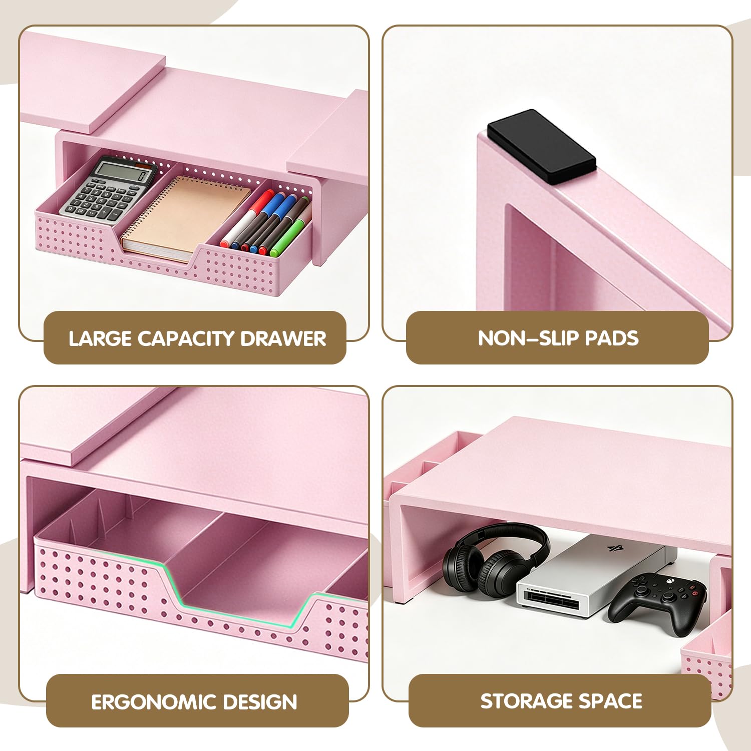 LEKETREE Dual Monitor Stand Riser with Drawer and 2 Pen Holders, Pink