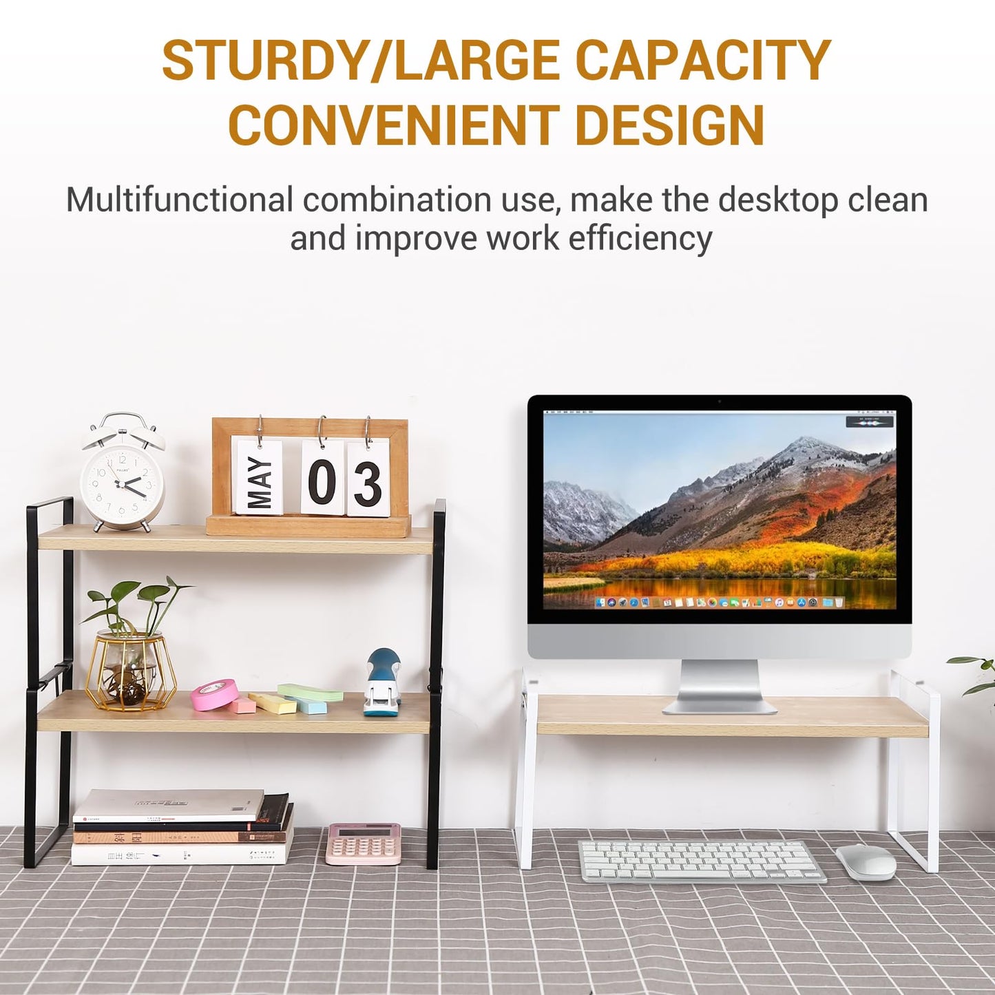 YGYQZ Desk Shelf Organizer for Top of Desk, 1-Tier Desktop Bookshelf, White & Wood