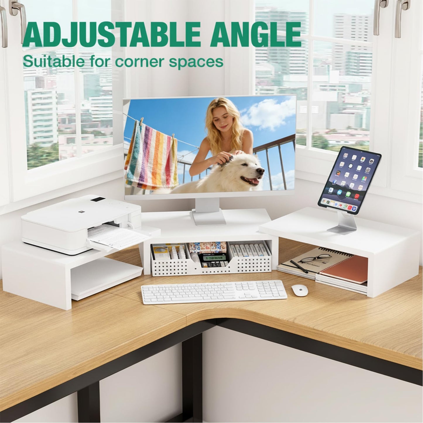 OPNICE Dual Computer Monitor Stand Riser, Desk Organizer with Drawer, Office Desk Accessories &