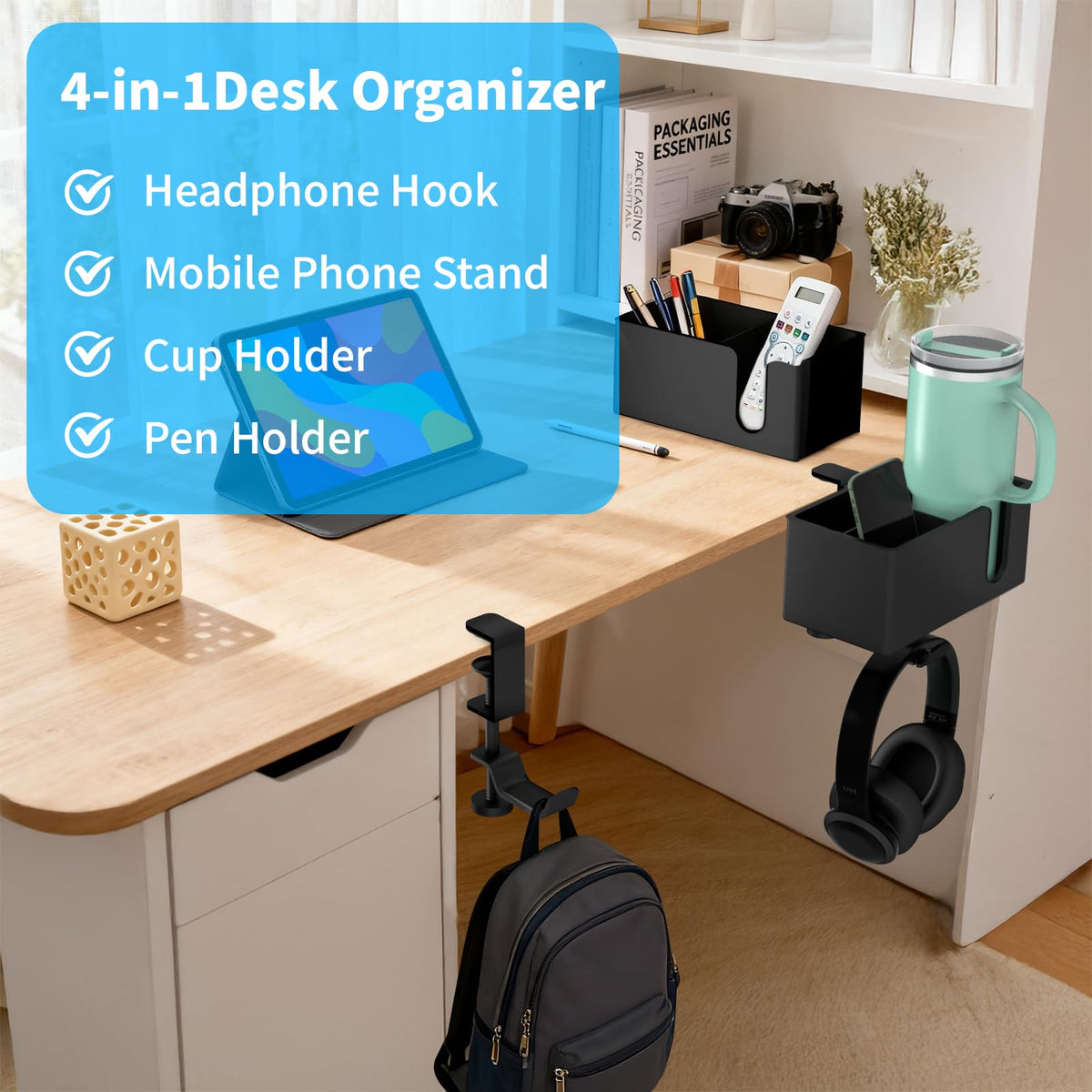 Anti-Spill Large Desk Cup Holder Clamp, Pencil Holder & Phone Stand (Black)