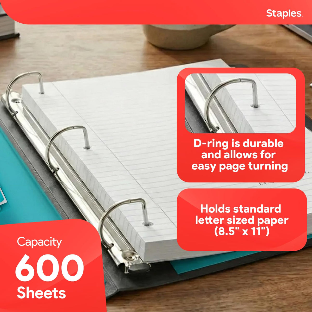 Staples Heavy-Duty 3-Inch D-Ring Binder, Teal, Holds 600 Sheets