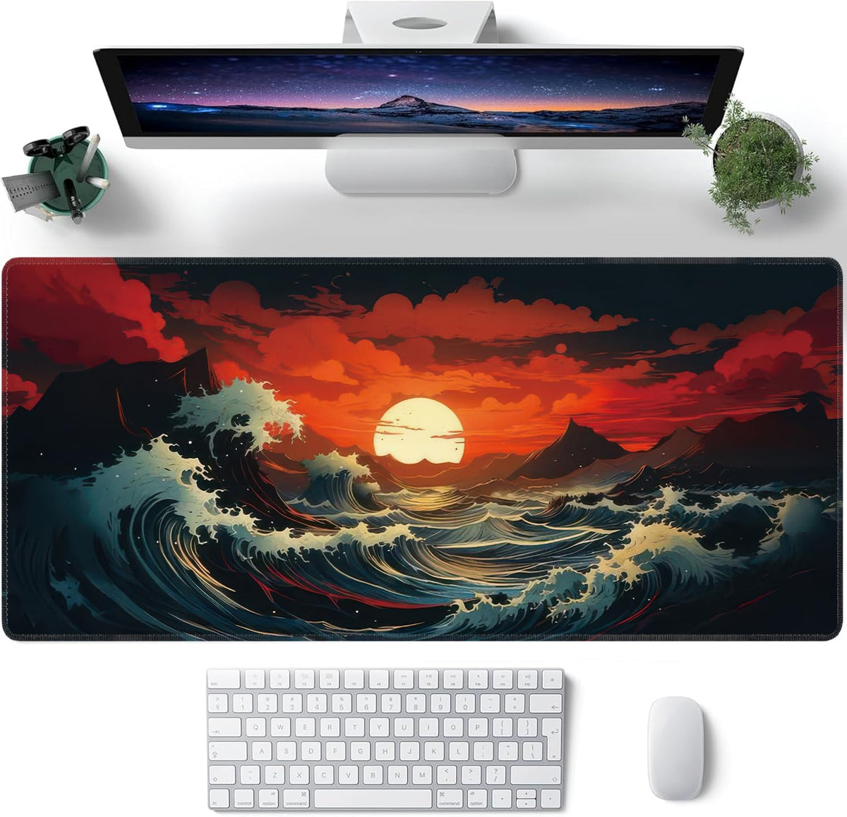 Japanese Sea Wave Large Mouse Pad,Gaming Keyboard Desk Pad,Extended Mouse Mat Non-Slip Rubber Base