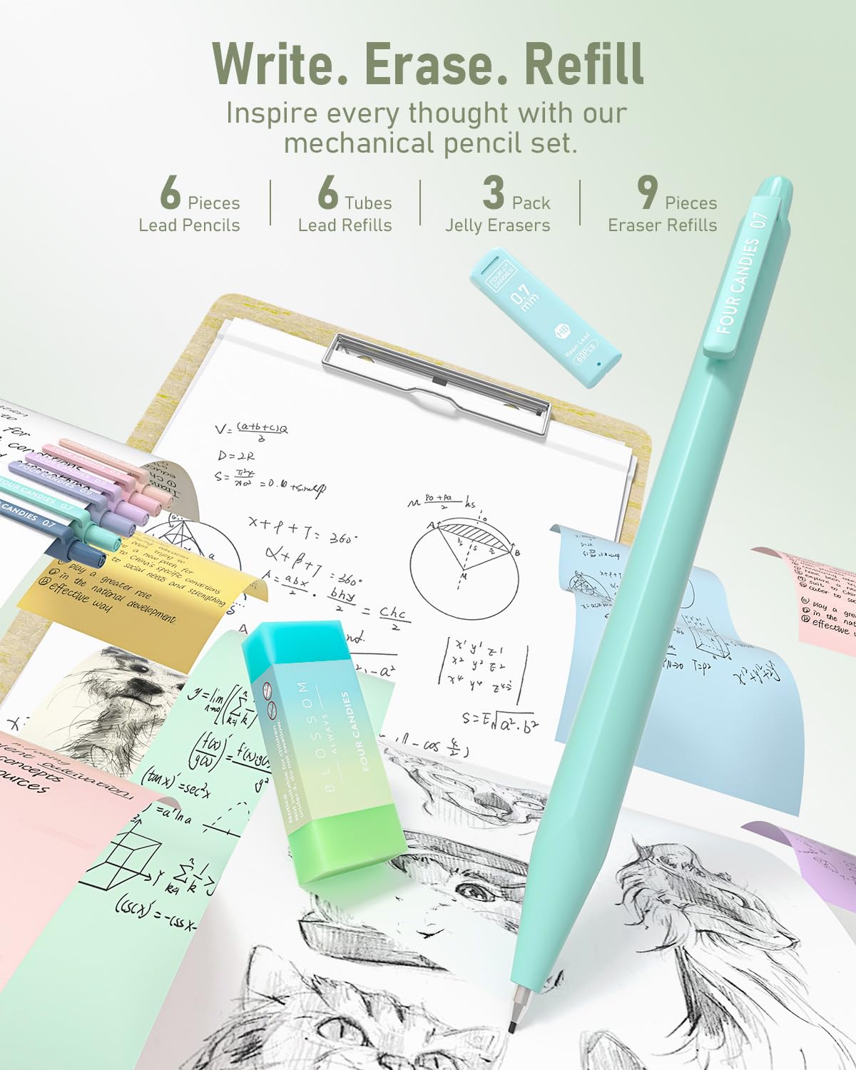Four Candies School Supplies with Cute Pencil Case, 39ct, Green