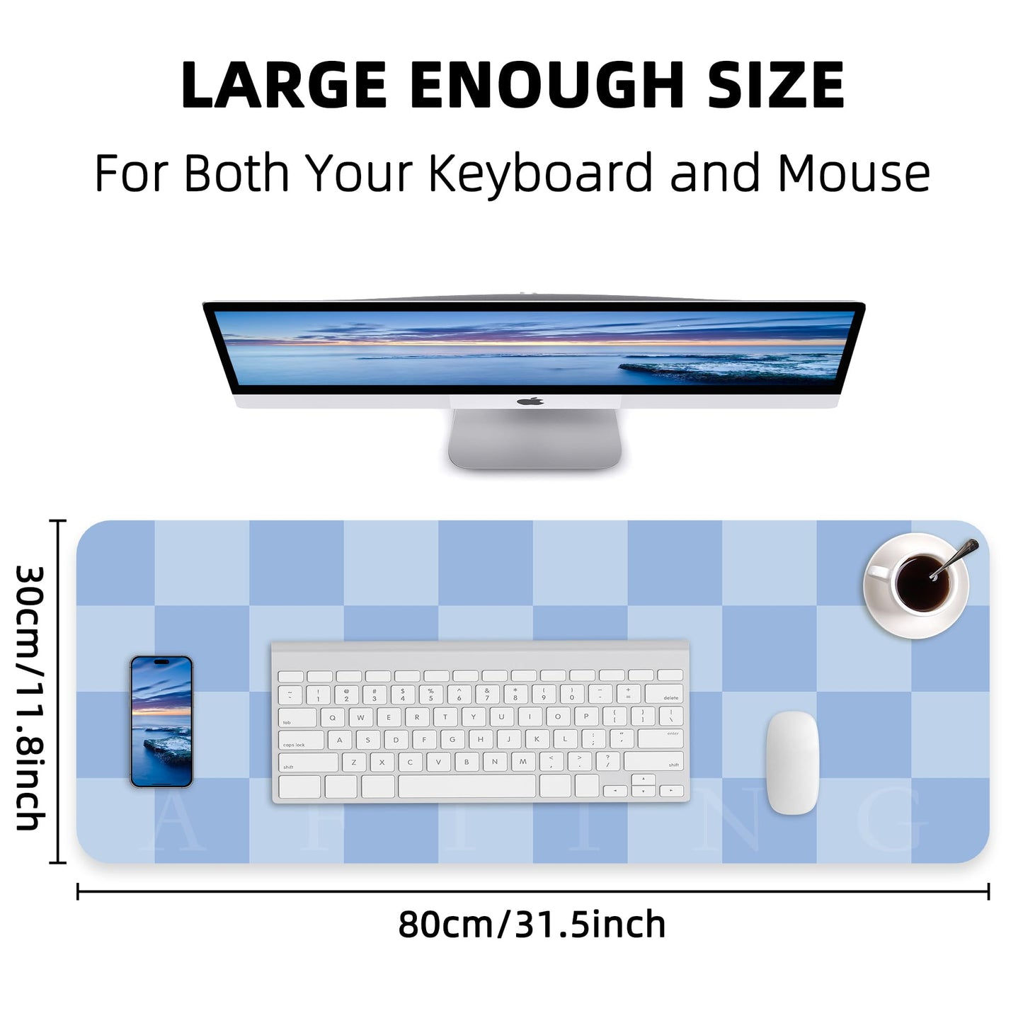 AFIING Light Blue Desk Mat 31.5" x 12", Waterproof PU Leather Desk Pad