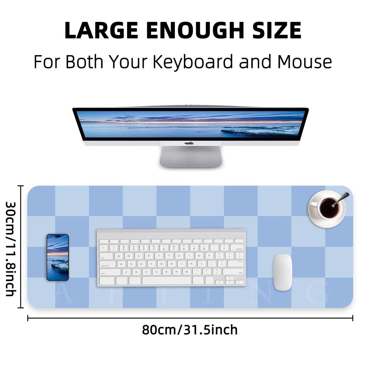 AFIING Light Blue Desk Mat 31.5" x 12", Waterproof PU Leather Desk Pad