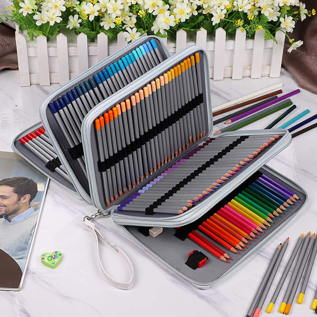 BTSKY 200 Slots Colored Pencil Organizer - Deluxe PU Leather Pencil Case
