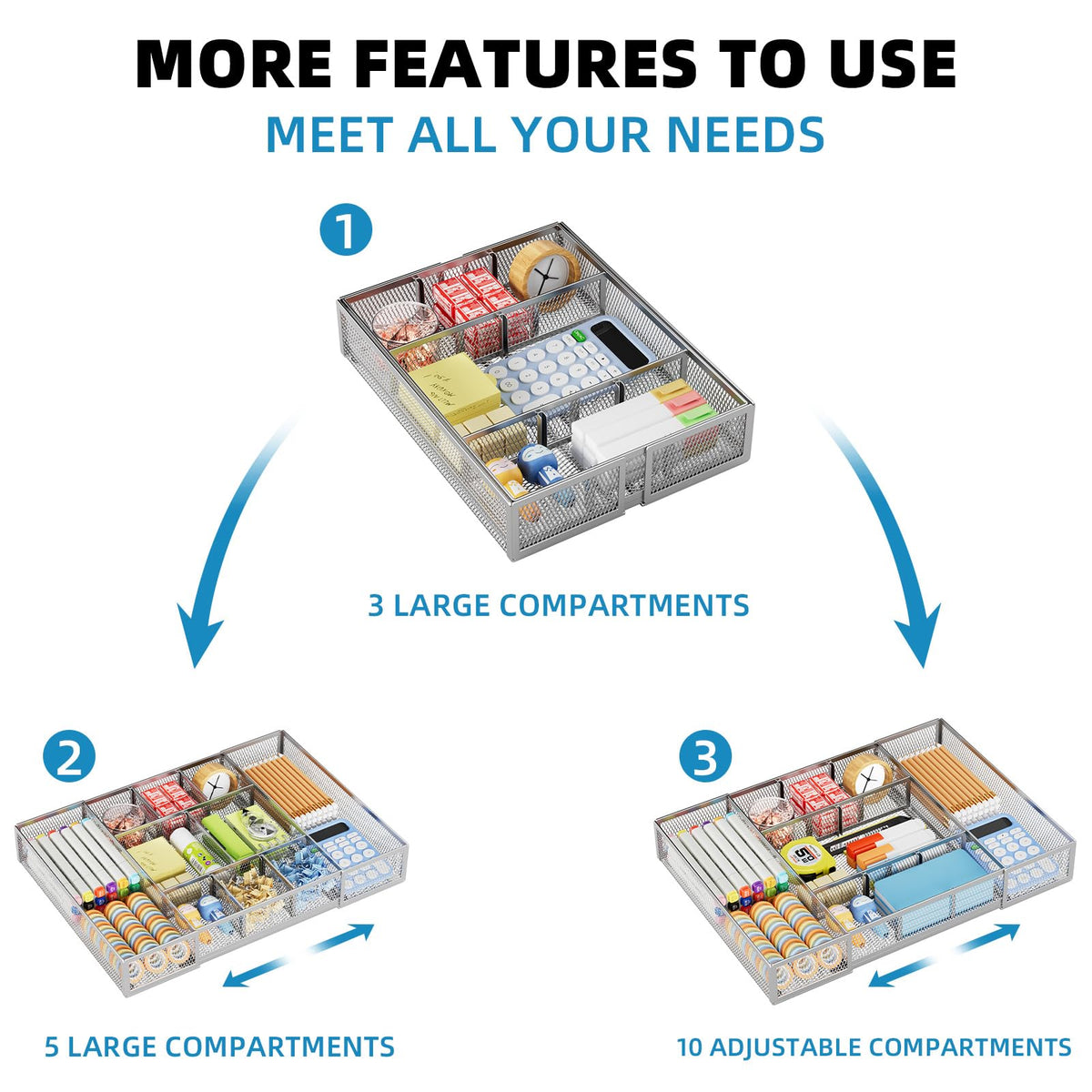 Marbrasse Expandable Desk Drawer Organizer, Mesh Tray with 10 Adjustable Compartments, Desk
