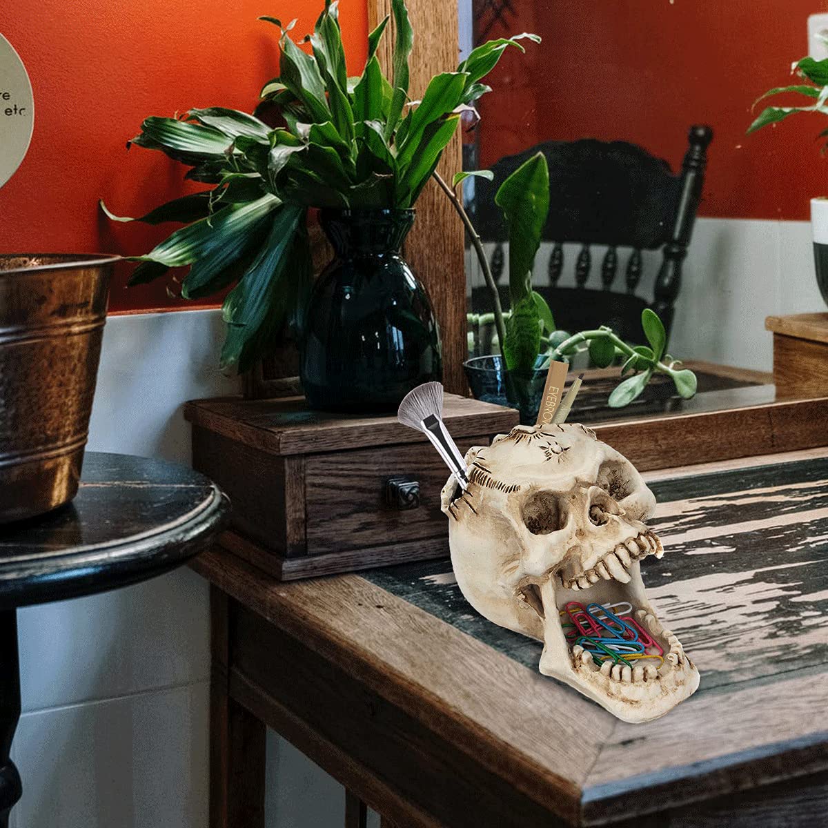 UnionKK 1 PCS Skull Pencil Holder Skeleton Pen Storage Organizer for Office Desk Skull Head Makeup