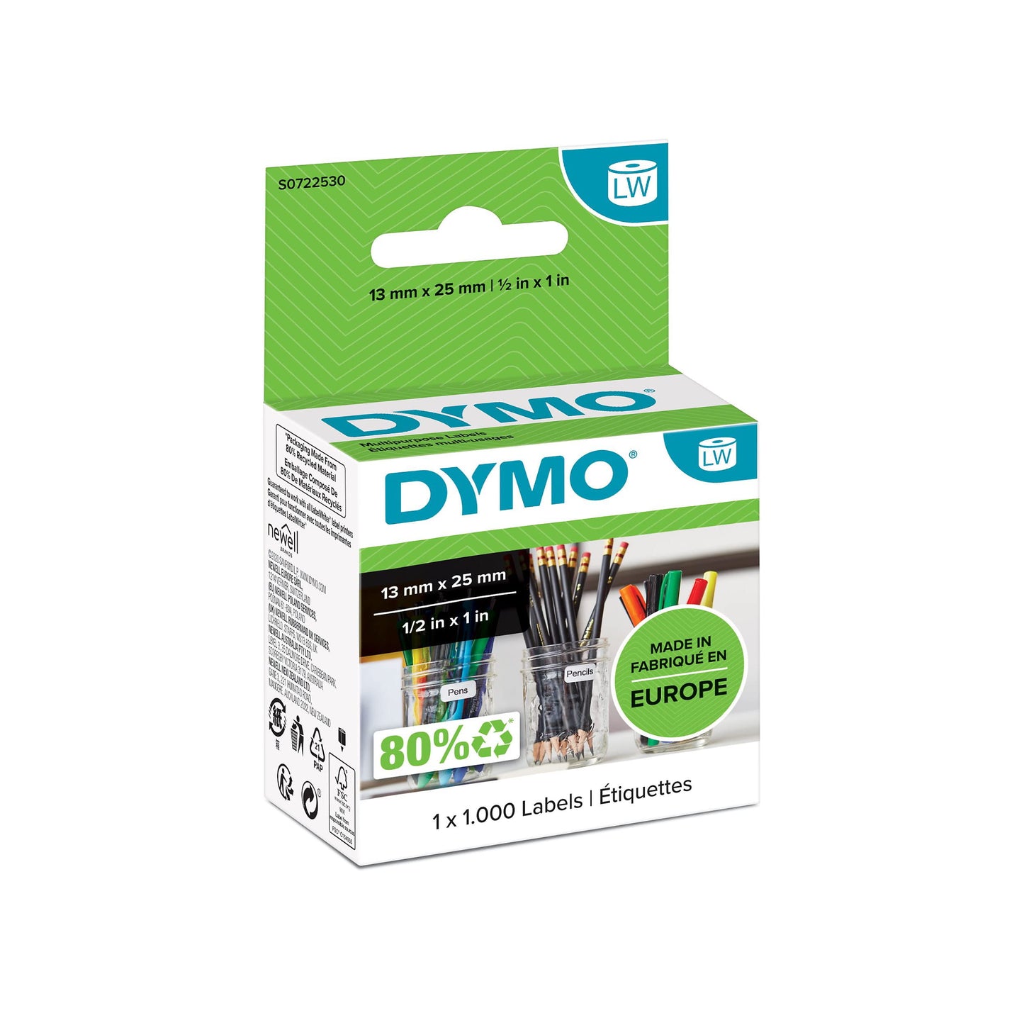 Dymo 13 mm x 25 mm LW Small Multi-Purpose Labels, Roll of 1000 Easy-Peel Labels, Self-Adhesive, for