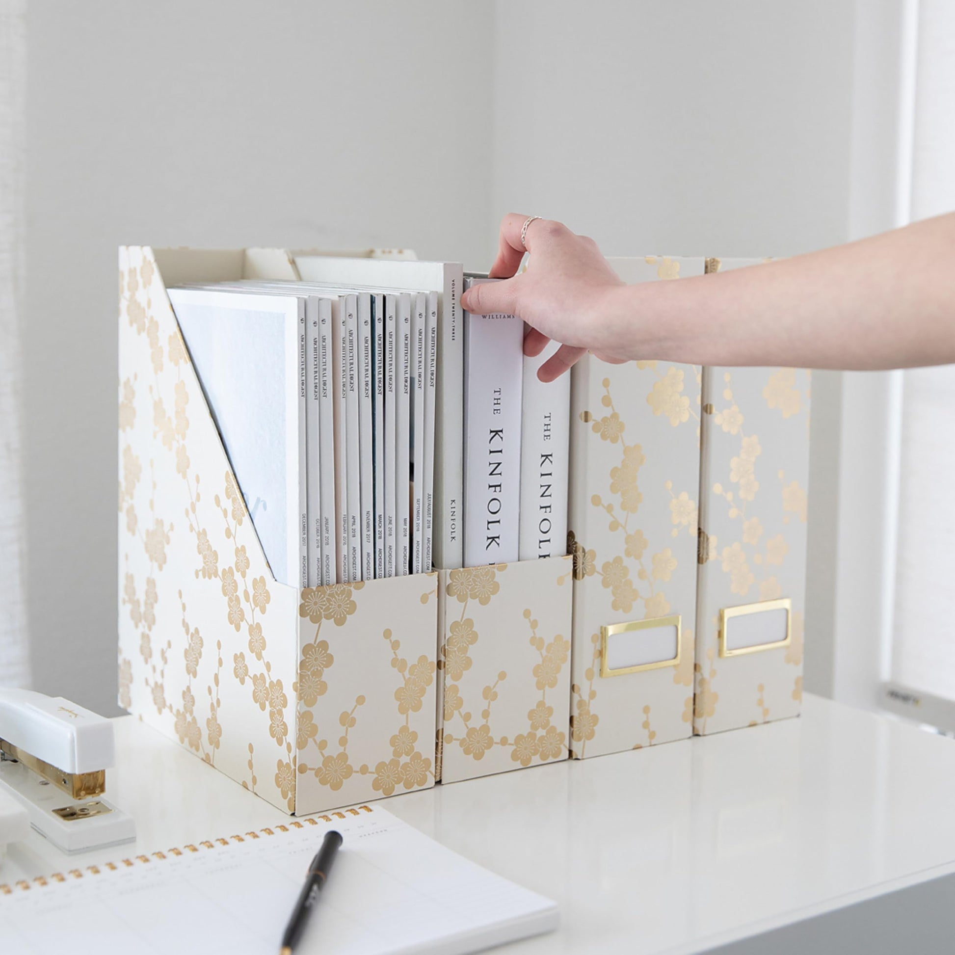 BLU MONACO | Set of 4 Foldable Magazine Storage Boxes with Gold Floral Pattern | Decorative