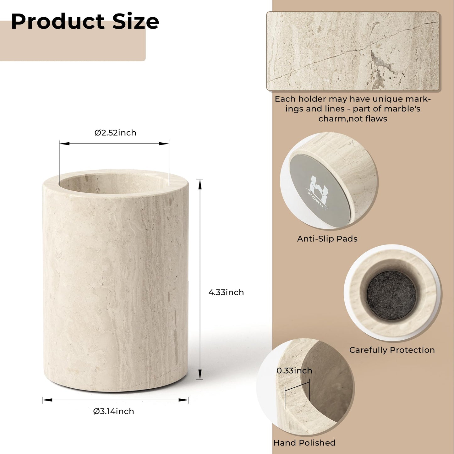 WORHE Natural Marble Pen Holder for Desk, Handcrafted Sturdy Desk Organizer with Anti-Slip Base