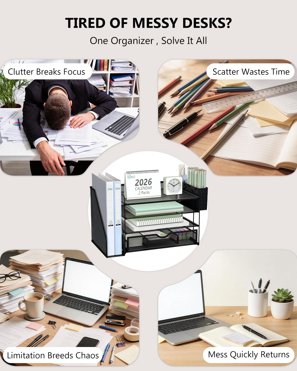 WALI Desk File Organizer, 4 Tier Desktop Paper Letter Tray Organizer with Drawer and 2 Pen Holders