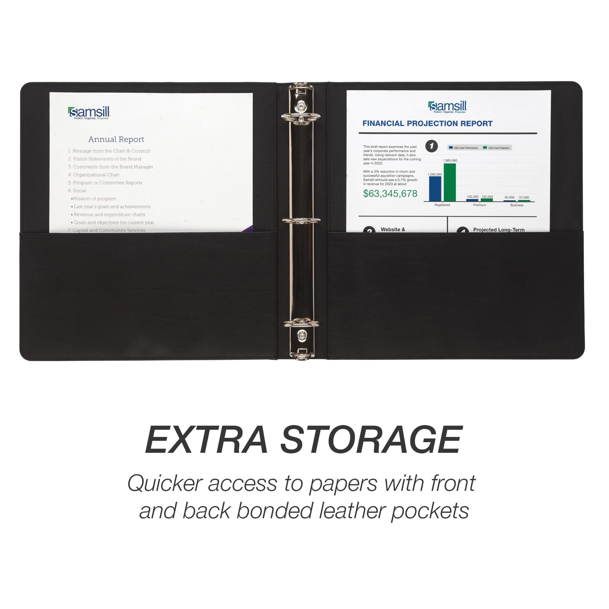 Samsill 1.5 Inch 3 Ring Binder, Leather, Black with Contrast Stitching, 8.5 x 11 Inch, 3 Rings