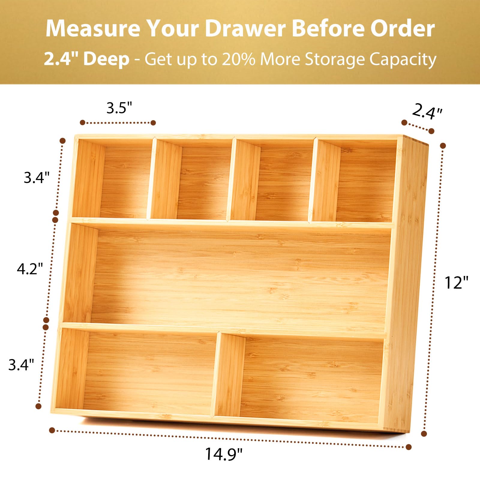 Umilife Large Bamboo Desk Drawer Organizer, Wood Office Junk Tray, 15"x12"