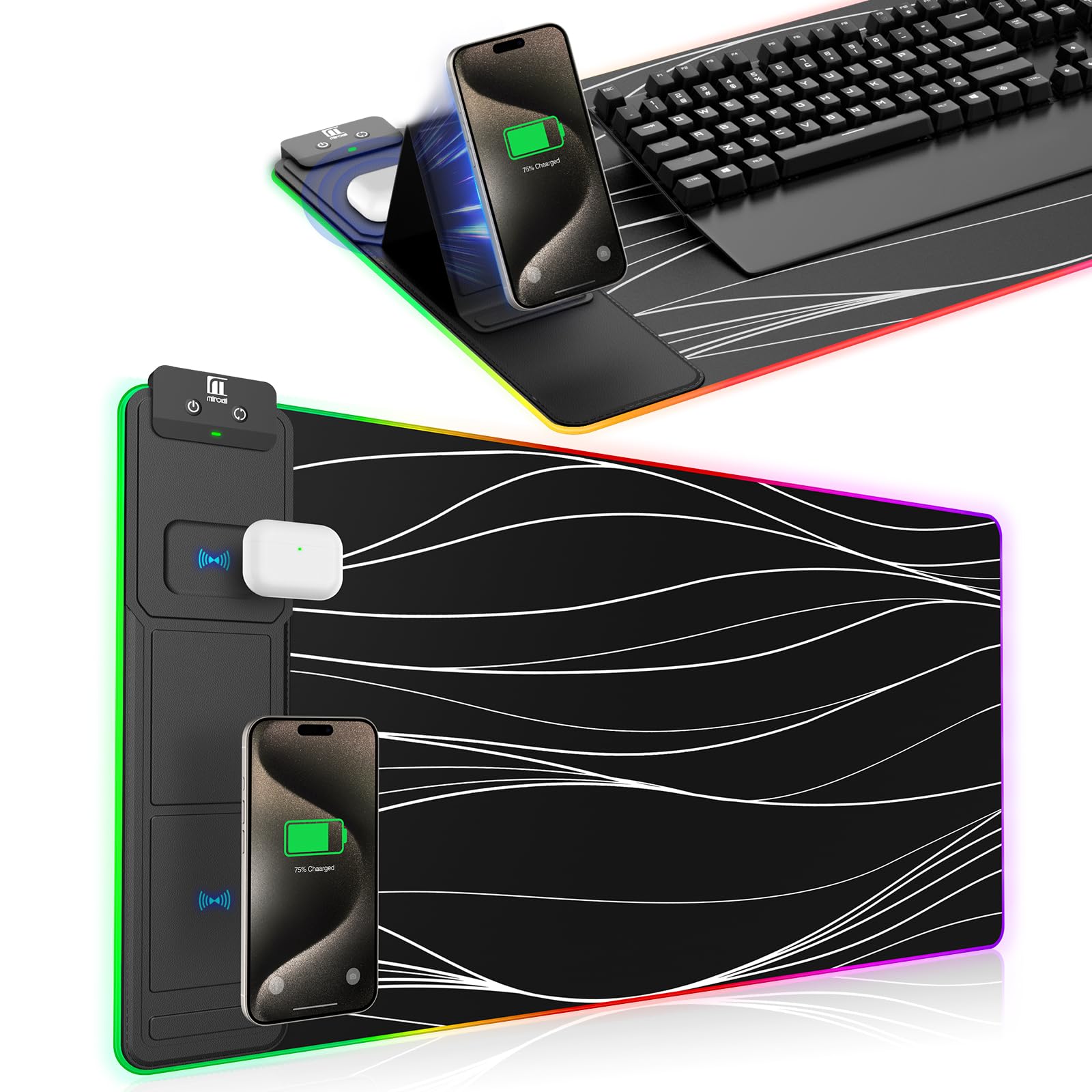 XXL Mouse Pad with Phone Holder - Black, RGB Desk Mat with 15W Fast Charging, LED Gaming Mousepad
