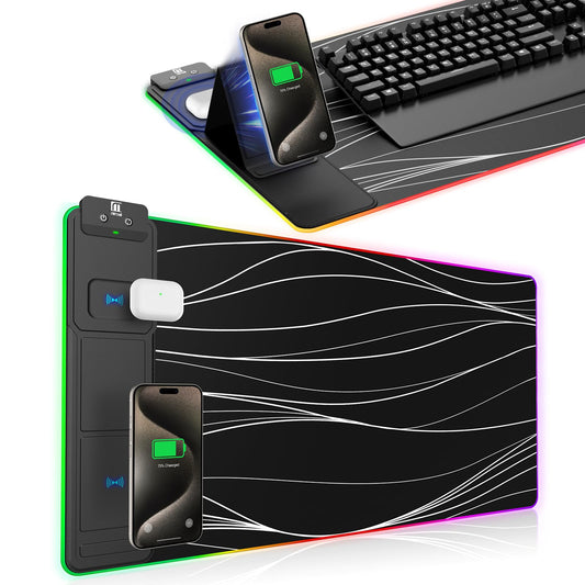 XXL Mouse Pad with Phone Holder - Black, RGB Desk Mat with 15W Fast Charging, LED Gaming Mousepad