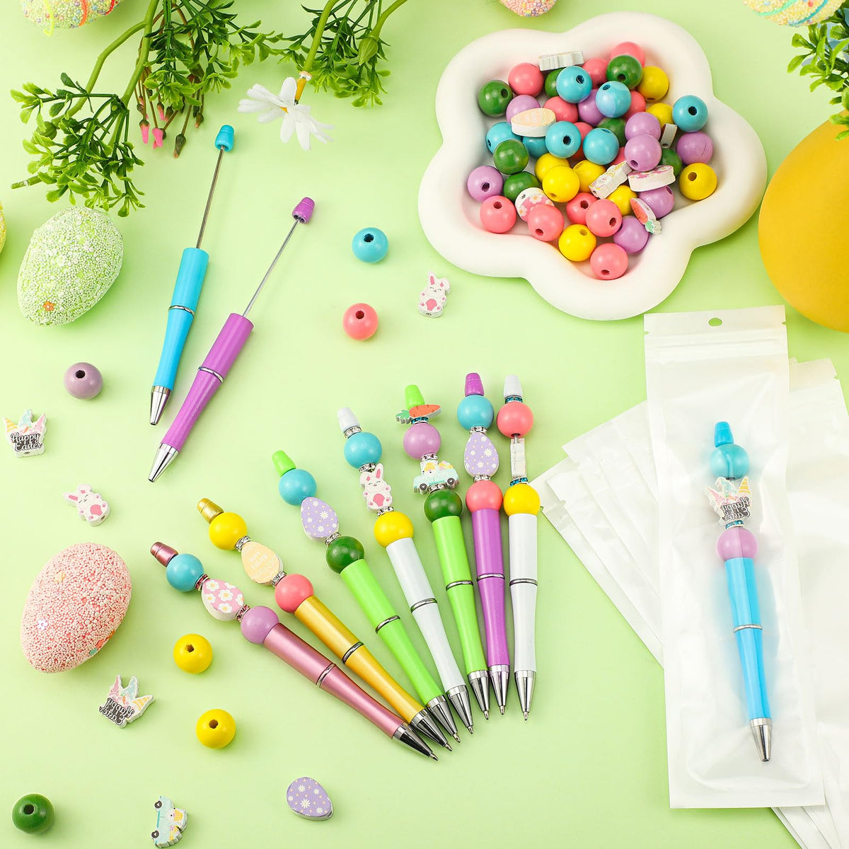 Zhanmai 197 Pcs Easter DIY Beadable Pens Kit 24 Plastic Ballpoint Pen with 101 Assorted Colors