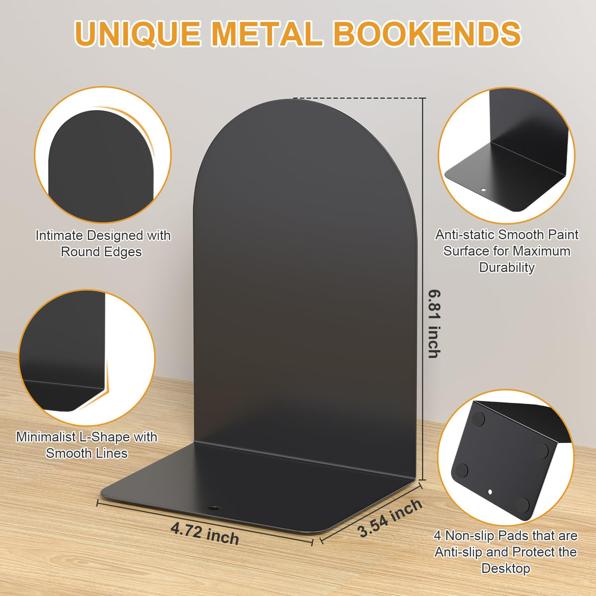 ALOTCHE Bookends 4 Pairs, Metal Round Bookends for Shelves, Book Ends for Desk, Book End to Hold