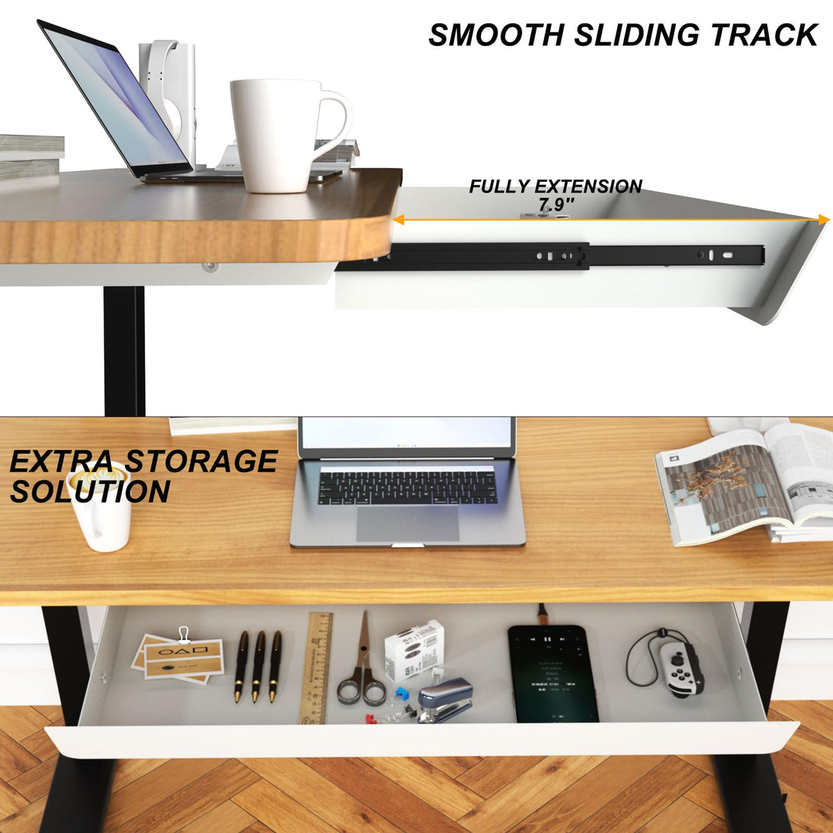 Gaxomo White Large Under Desk Mounted Sliding Drawer with 2 Cable Hole and 60 Degree Tilt Panel to