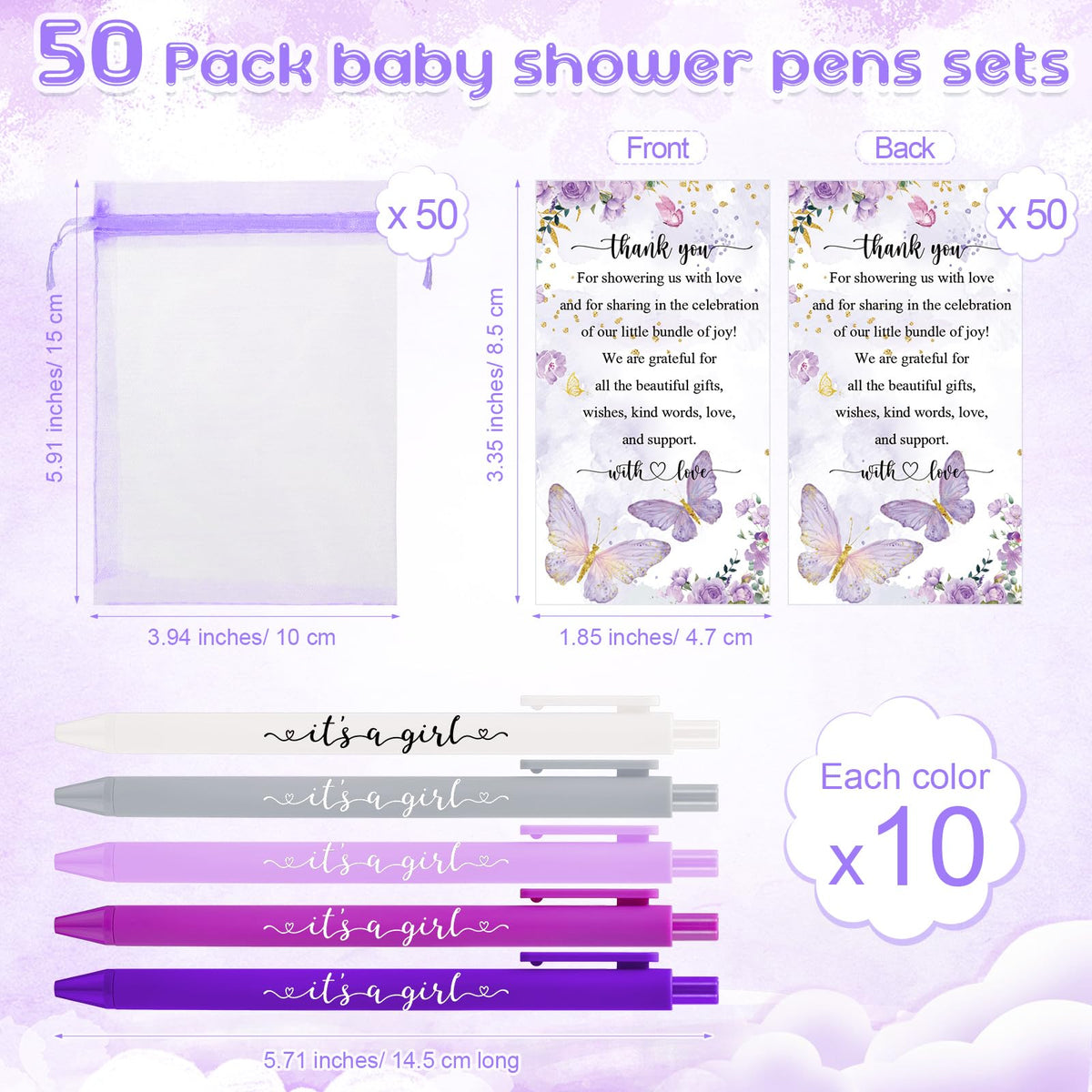 Chuangdi 50 Pack It's a Girl Party Baby Shower Pens Favors for Guests, Purple Gender Reveal Party
