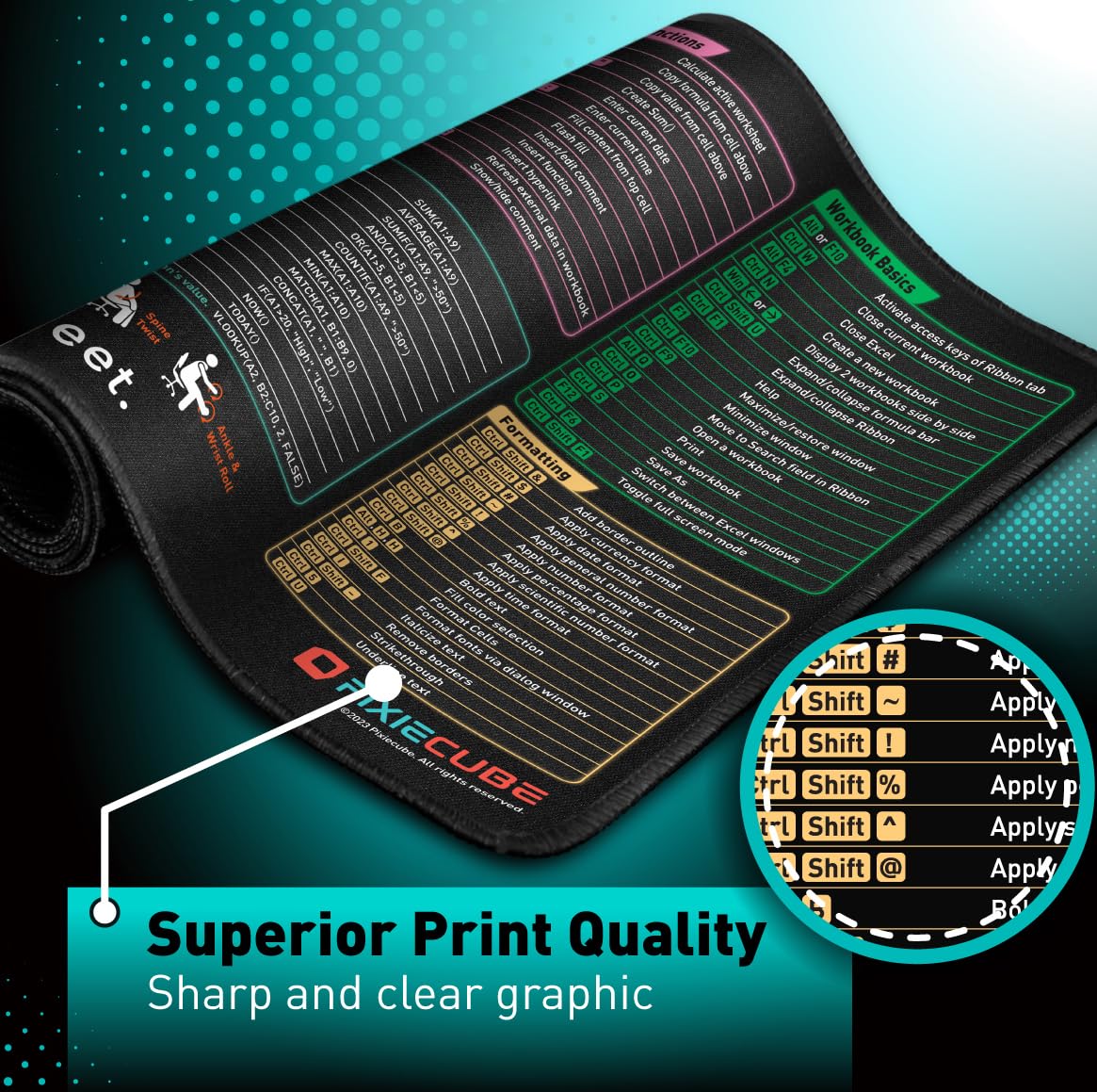 Pixiecube Excel Cheat Sheet Desk Pad | Excel Shortcut Keys Mouse Pad | Extended Large XL Gaming