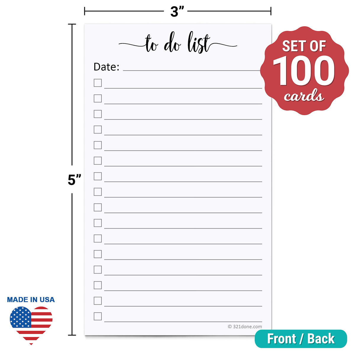 321Done To Do List Cards, 3x5, Set of 100, with Date Line