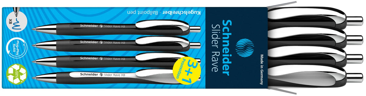 Schneider Slider Rave XB 132584 Ballpoint Pen (Limited Special Edition, 3x Black, 1x White, Made in