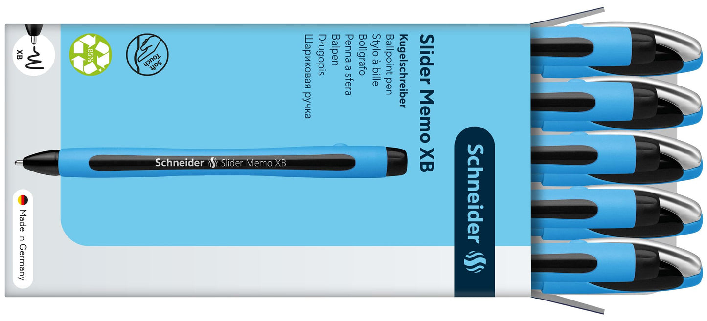 Schneider Slider Memo XB (Extra Broad) Ballpoint Pen, 1.4 mm, Light Blue Barrel, Black Ink, Box of