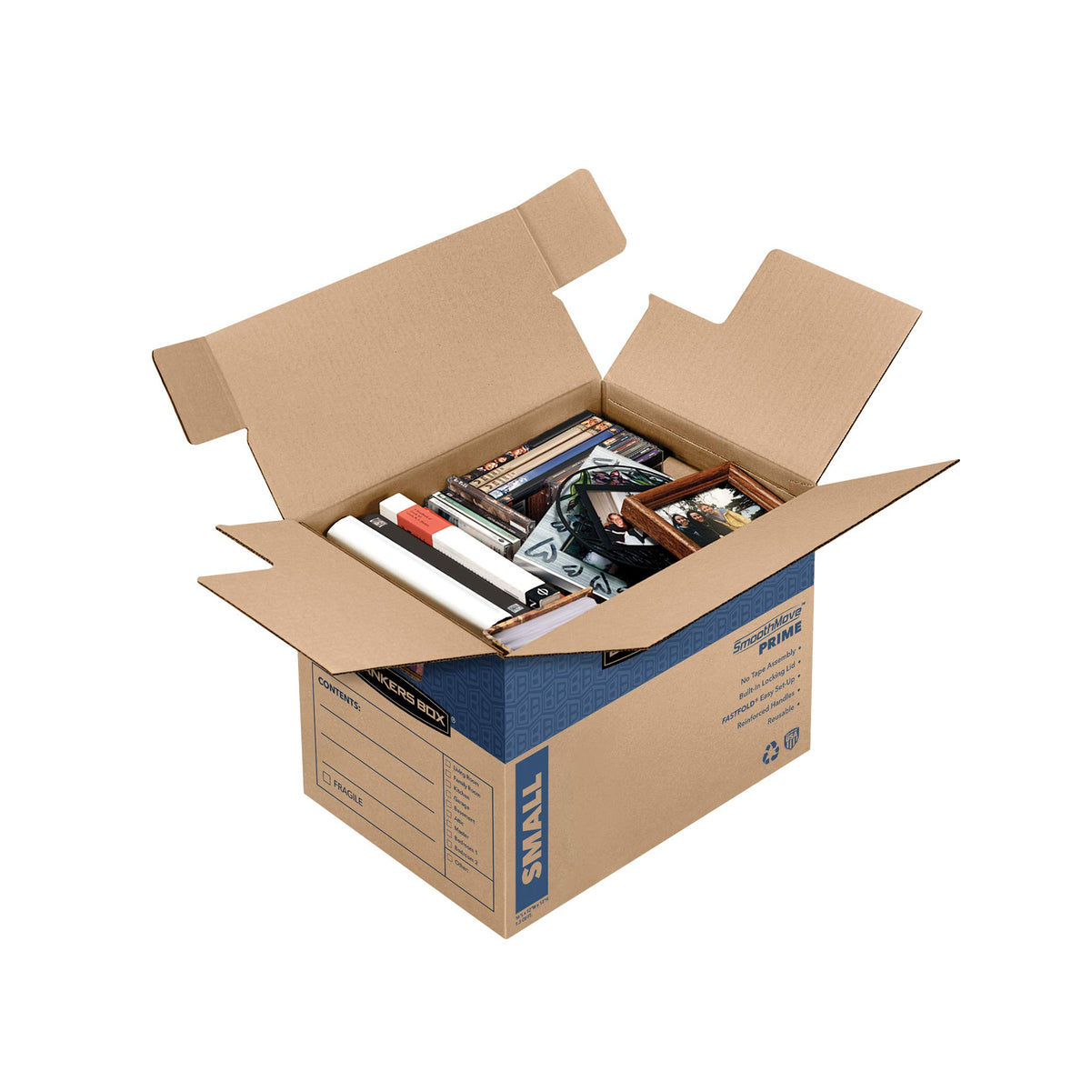 Bankers Box Small Prime Moving Box 5 Pack, Reinforced Handles, Tape-Free Assembly, Attached Lid